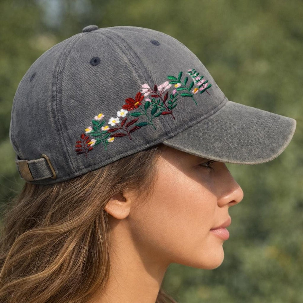 Embroidered Floral Baseball Cap, Washed Cotton Dad Hat, Spring Summer Style