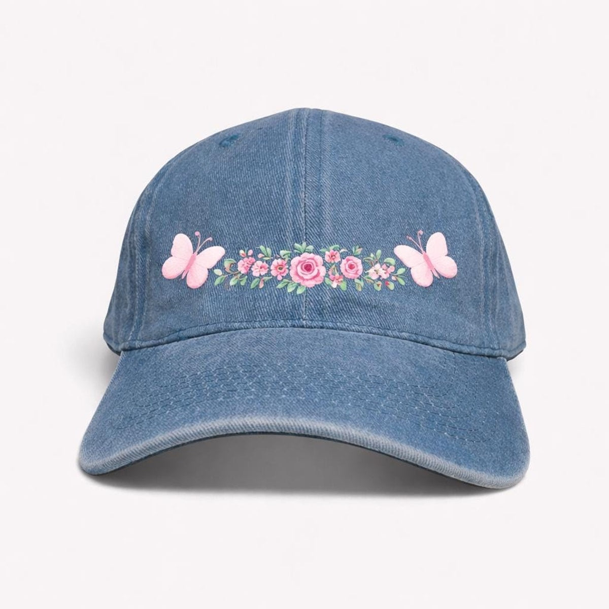 Floral Butterfly Washed Denim Baseball Cap, Adjustable Spring Summer Hat
