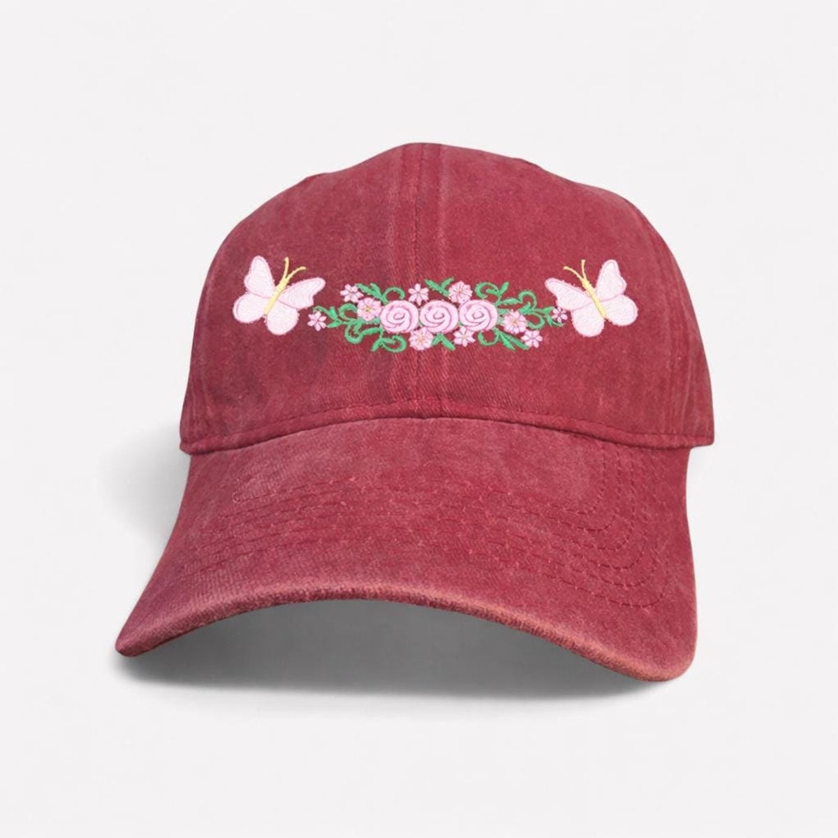 Floral Butterfly Washed Denim Baseball Cap, Adjustable Spring Summer Hat
