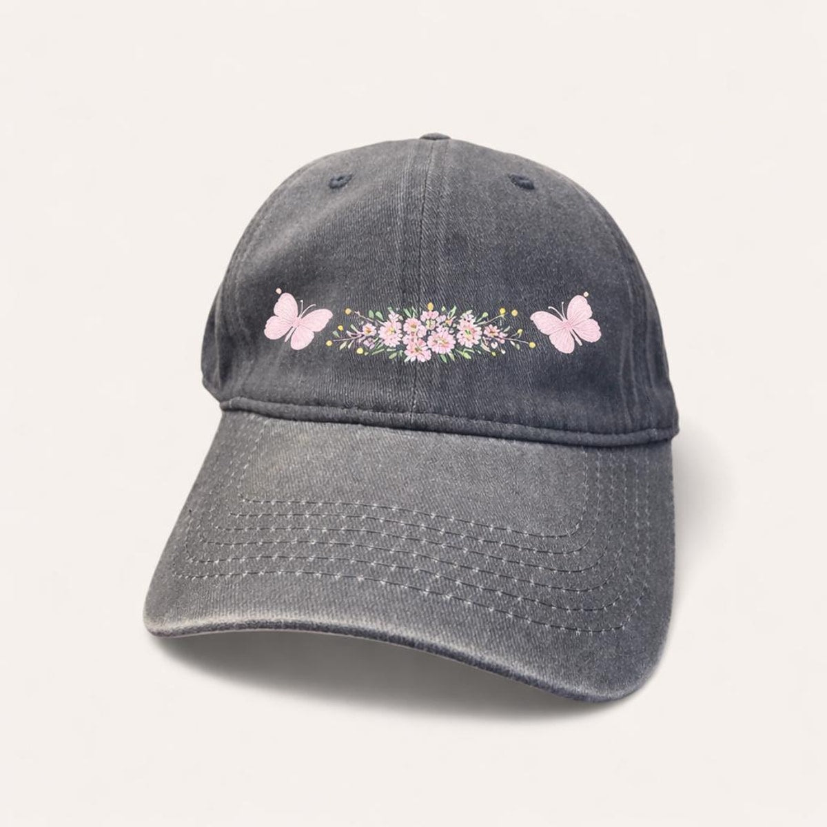 Floral Butterfly Washed Denim Baseball Cap, Adjustable Spring Summer Hat