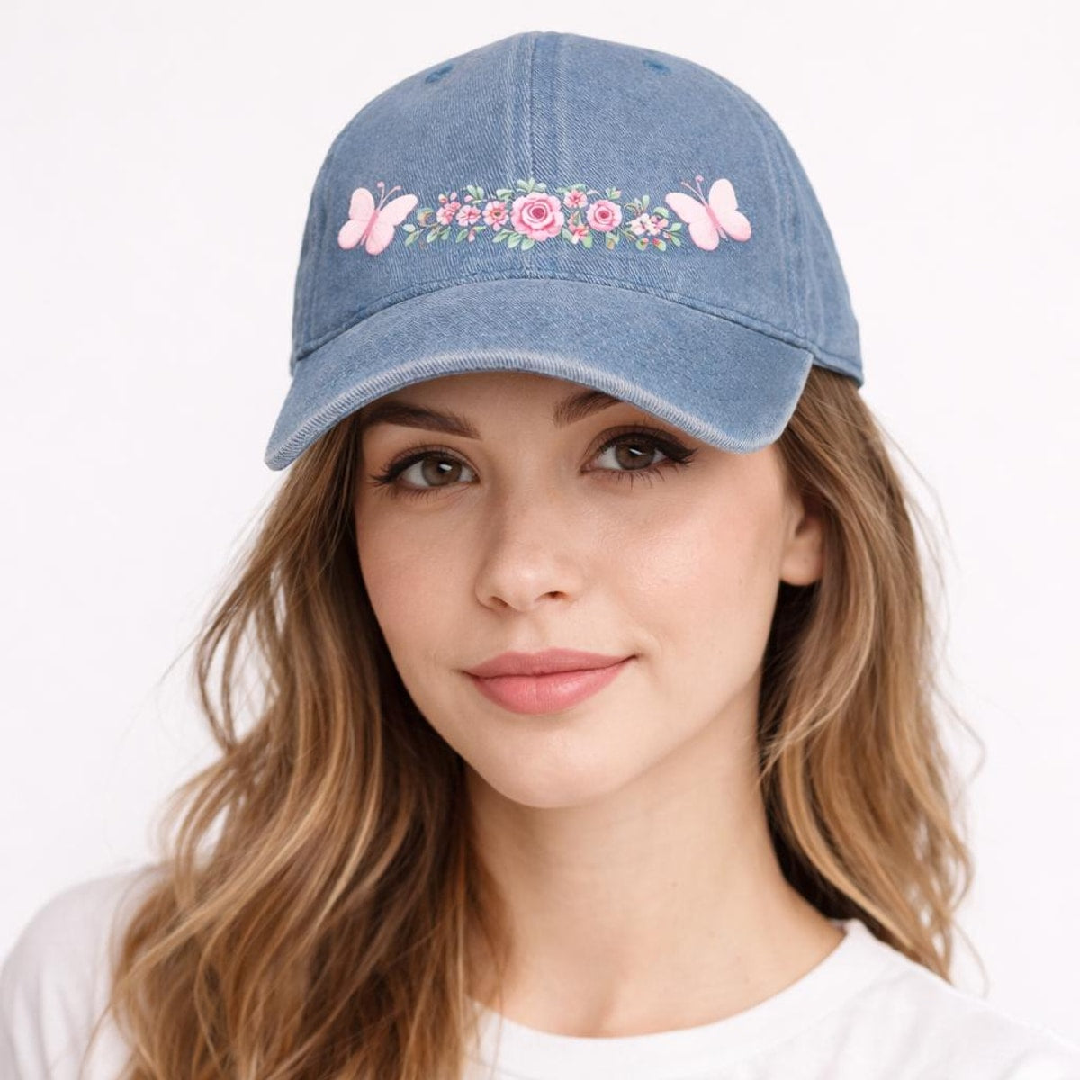 Floral Butterfly Washed Denim Baseball Cap, Adjustable Spring Summer Hat