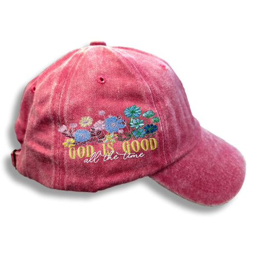 Baseball Cap: Floral Embroidery, God Is Good - Adjustable Cotton Twill