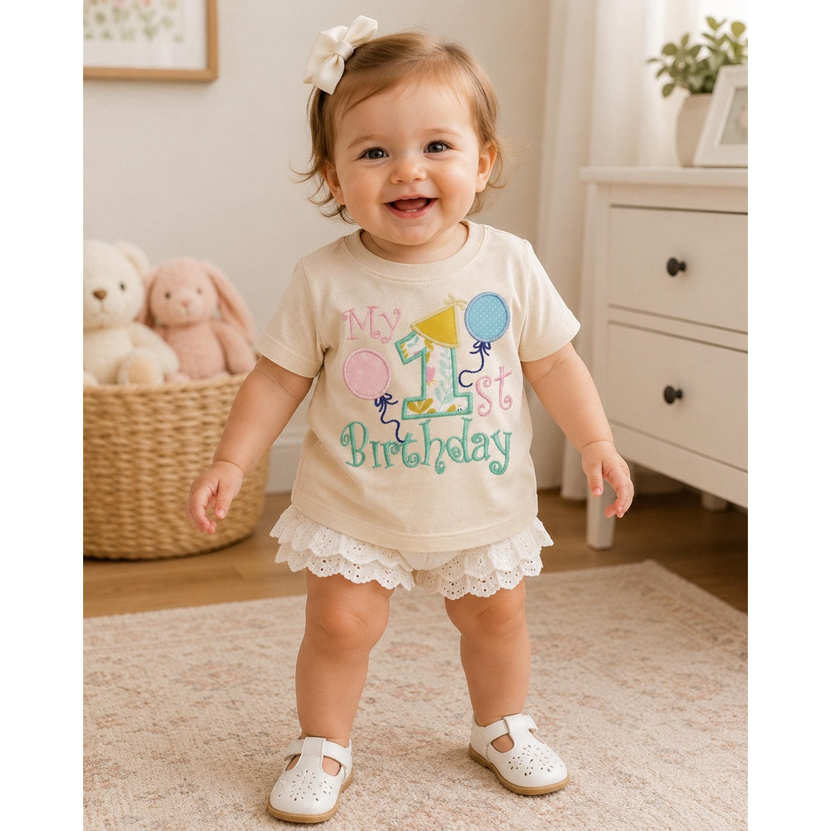 Child wearing a 'My 1st First Birthday' shirt in a home setting