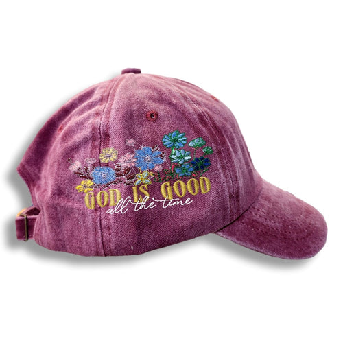 Baseball Cap: Floral Embroidery, God Is Good - Adjustable Cotton Twill