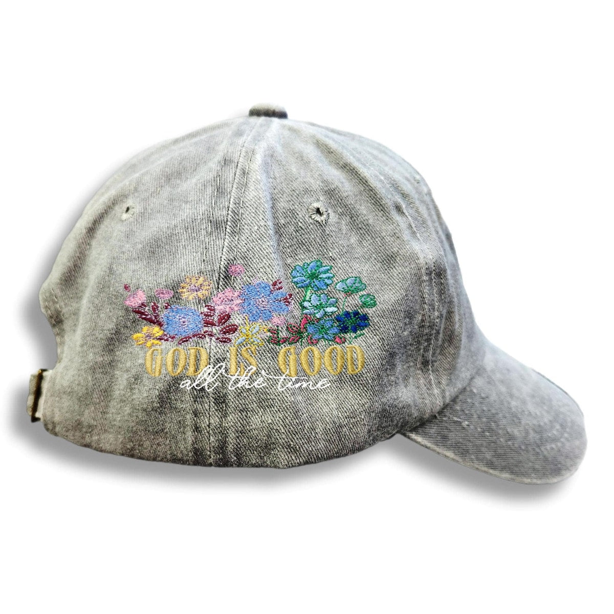 Baseball Cap: Floral Embroidery, God Is Good - Adjustable Cotton Twill