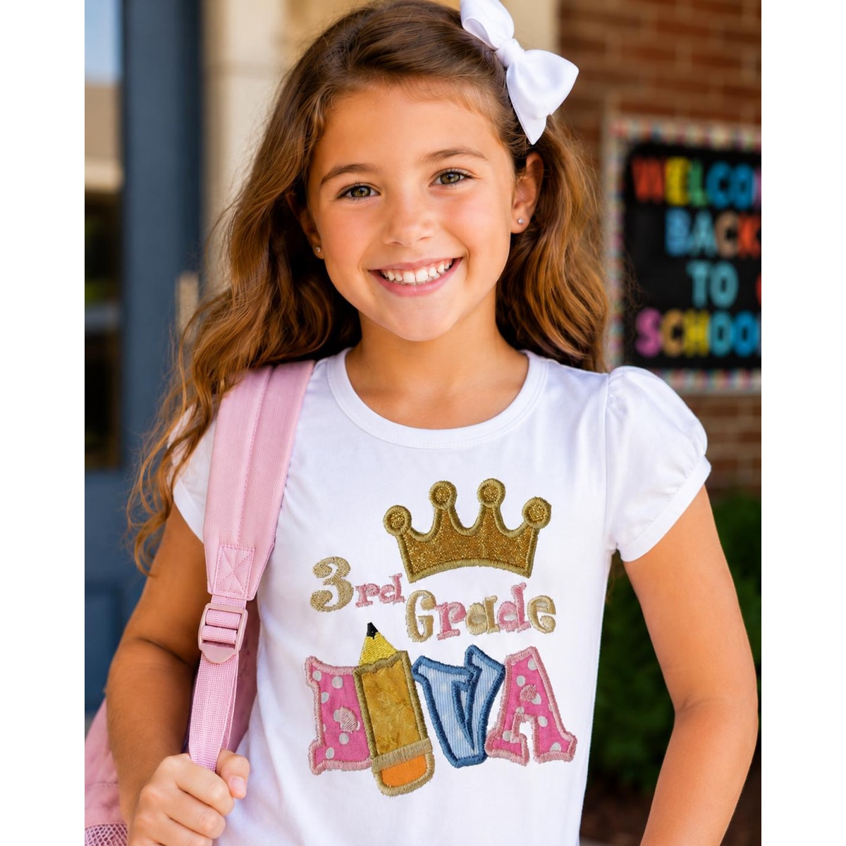 Young girl in a '3rd Grade' shirt with a pink backpack, smiling outdoors.