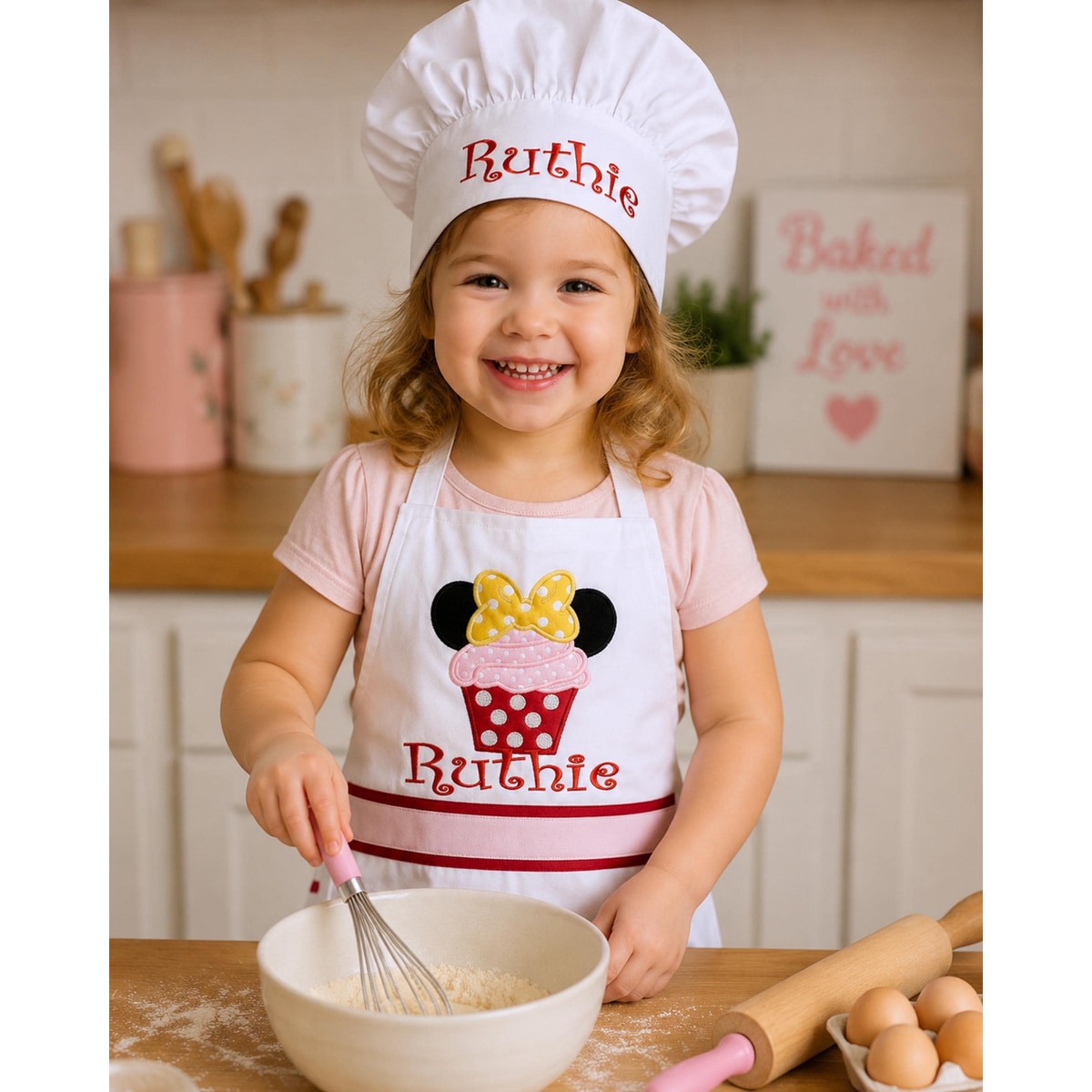 Personalized Mouse-Inspired Girls Apron | Embroidered Kids Cooking Apron | Custom Character-Inspired Baking Gift for Children