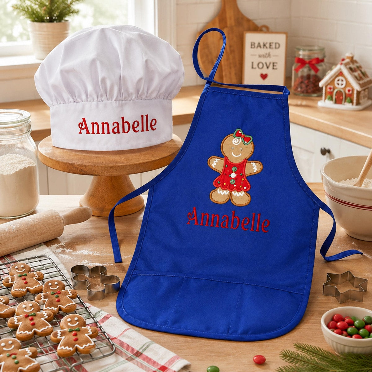 Gingerbread Christmas Aprons - Personalized Chef Apron and Hat Set - Embroidered Gingerbread Girl Aprons