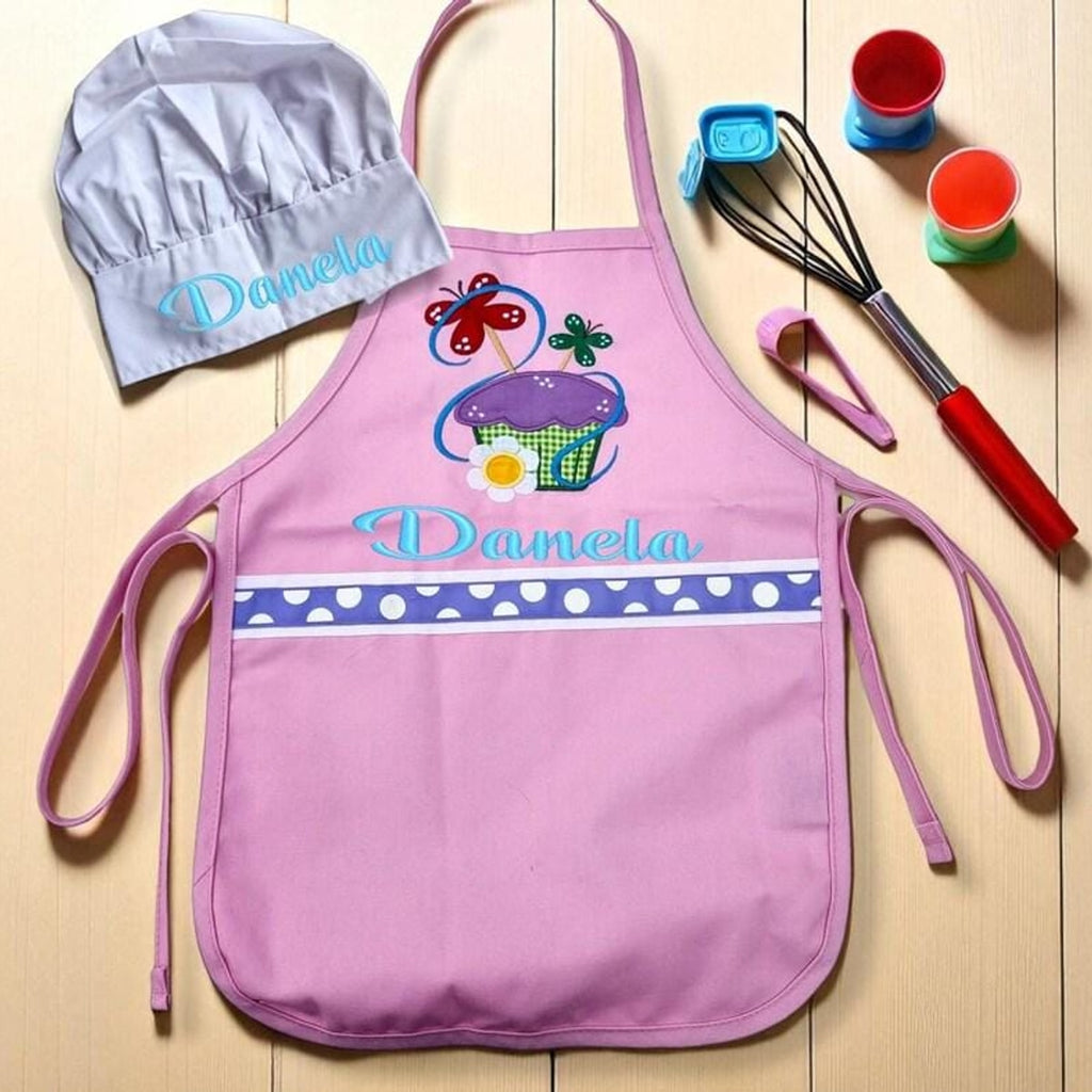Cupcake Girls Aprons - Personalized Kids Apron - Cupcake Embroidered Cooking Apron For Girls