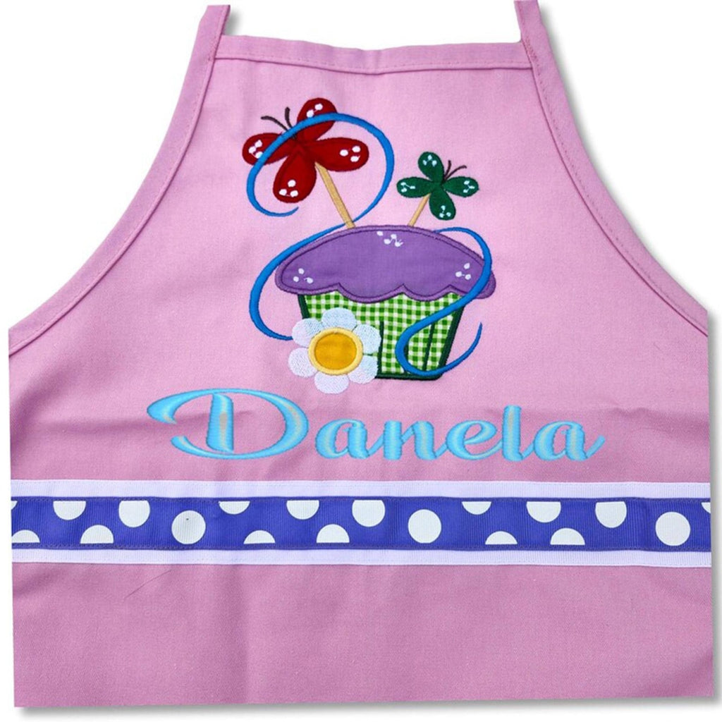 Cupcake Girls Aprons - Personalized Kids Apron - Cupcake Embroidered Cooking Apron For Girls