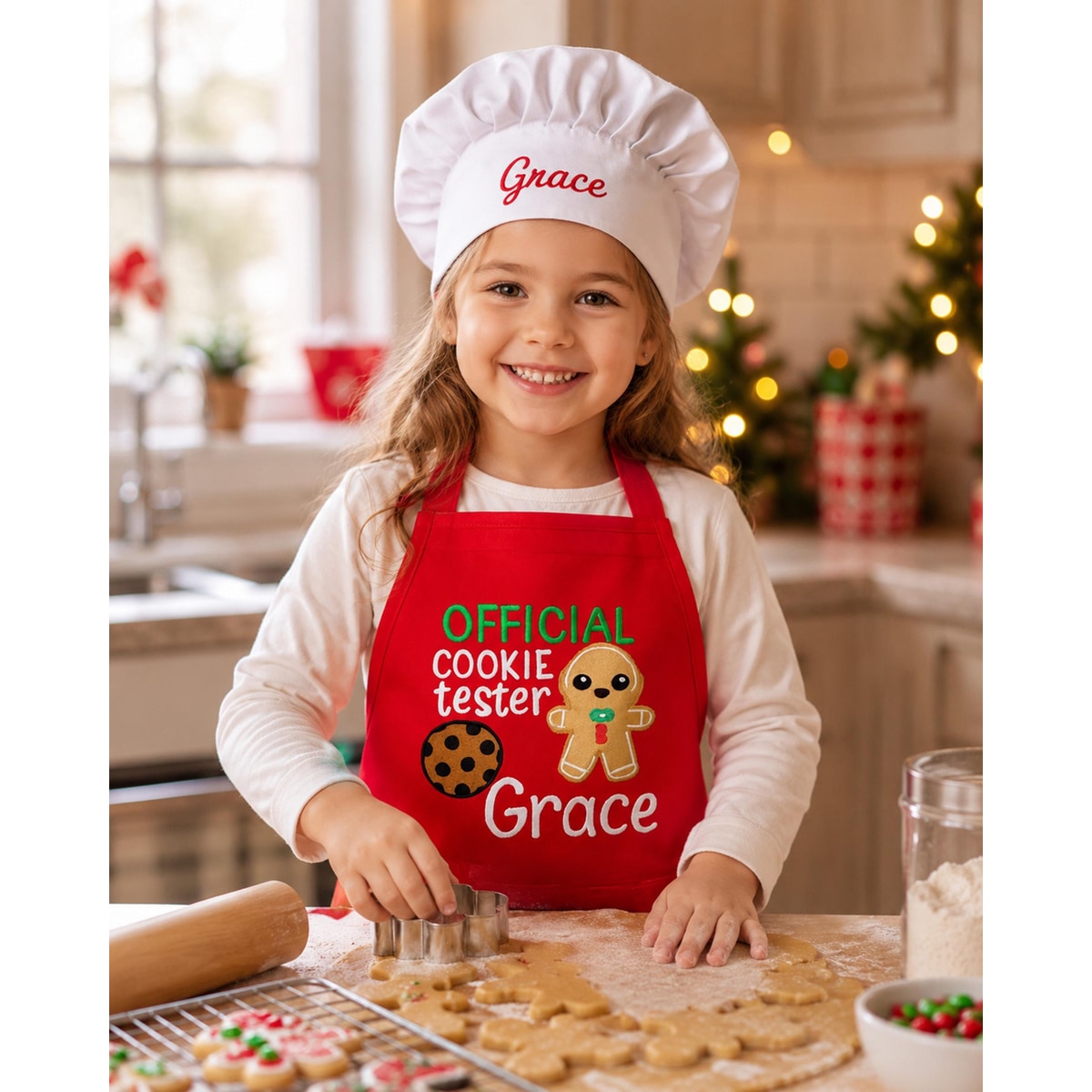 Personalized Gingerbread Chef Apron and Hat Set – Kids Christmas Baking Wear