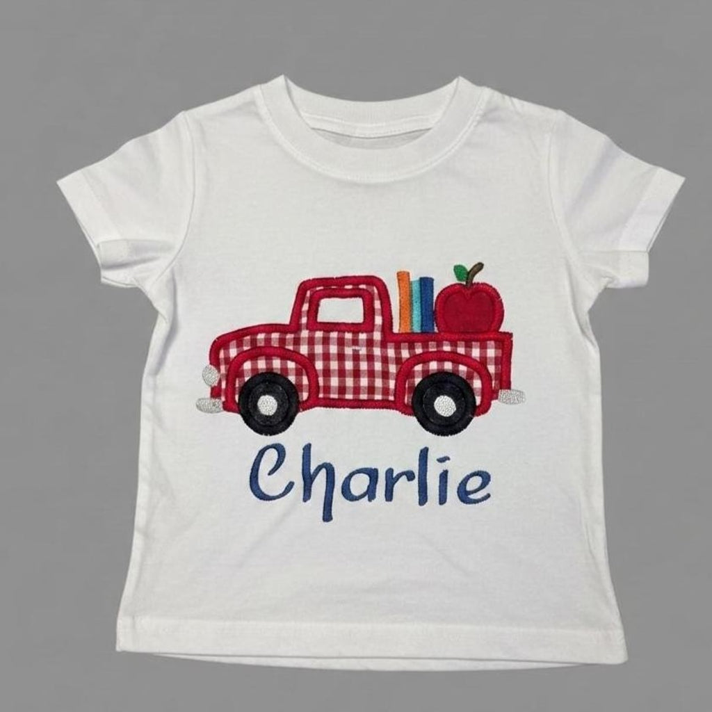 Boy's Back to School Short Outfit / Embroidered School Truck Supplies / Gingham Shorts Set
