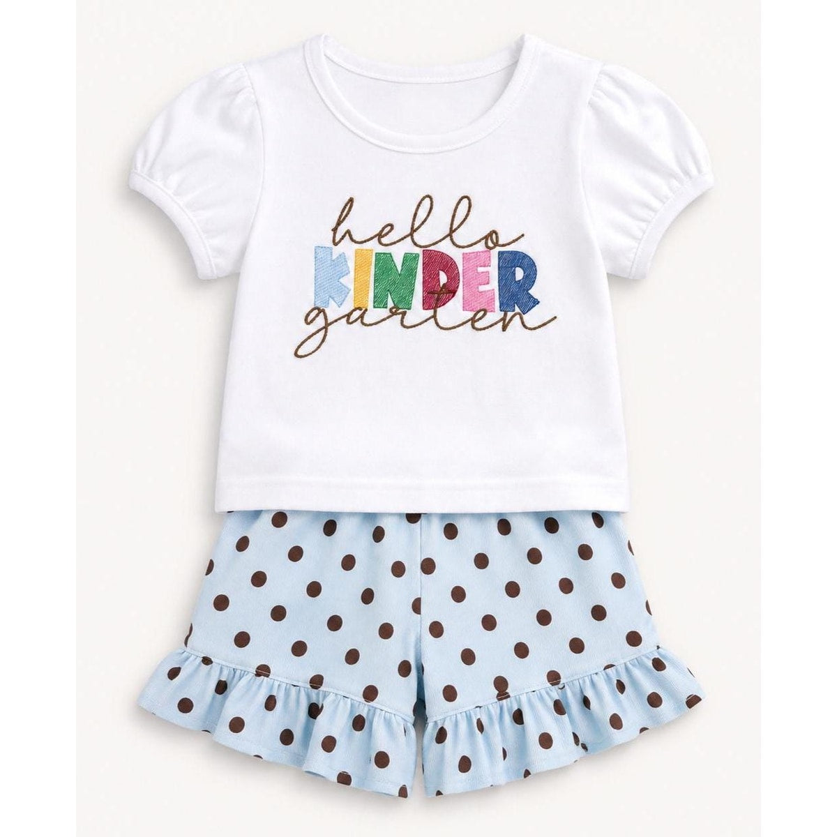 Kindergarten Girls Outfit / Custom Embroidered Design / Hello Kinder Shirt / Girl Kindergarten Shirt Shorts Set