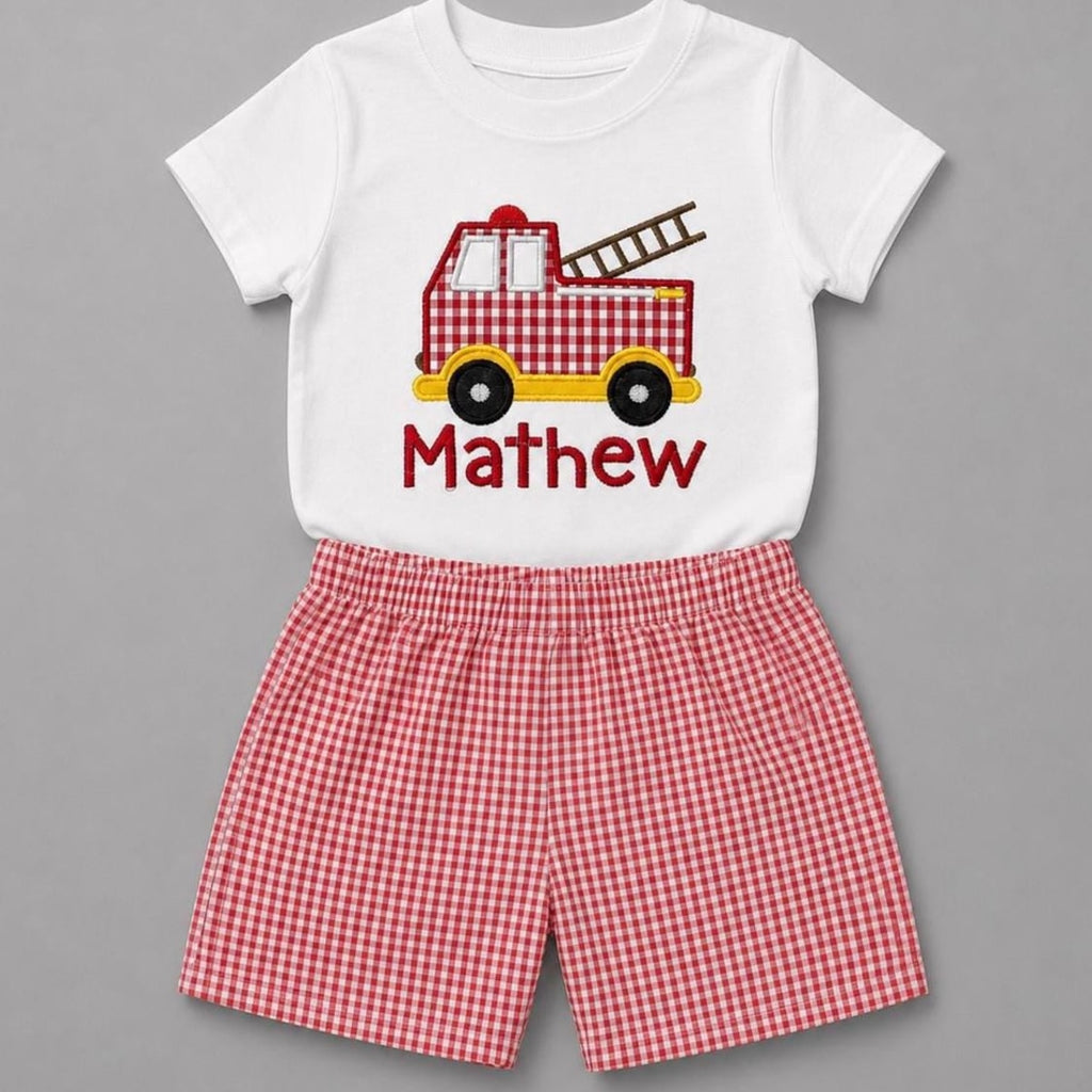 Firetruck Boy's Outfit / Shirt - Short Set / Firetruck Outfit / Birthday Outfit / Personalized Boys Truck Birthday Set