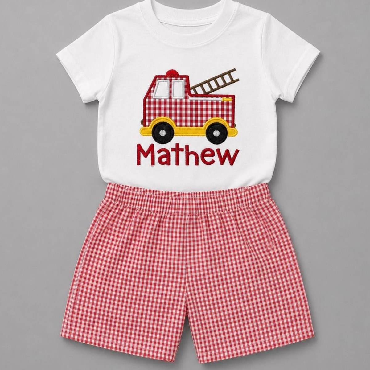 Firetruck Boy's Outfit / Shirt - Short Set / Firetruck Outfit / Birthday Outfit / Personalized Boys Truck Birthday Set