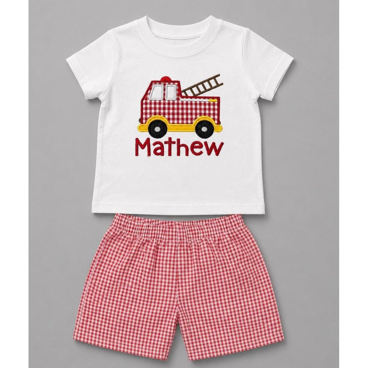Firetruck Boy's Outfit / Shirt - Short Set / Firetruck Outfit / Birthday Outfit / Personalized Boys Truck Birthday Set