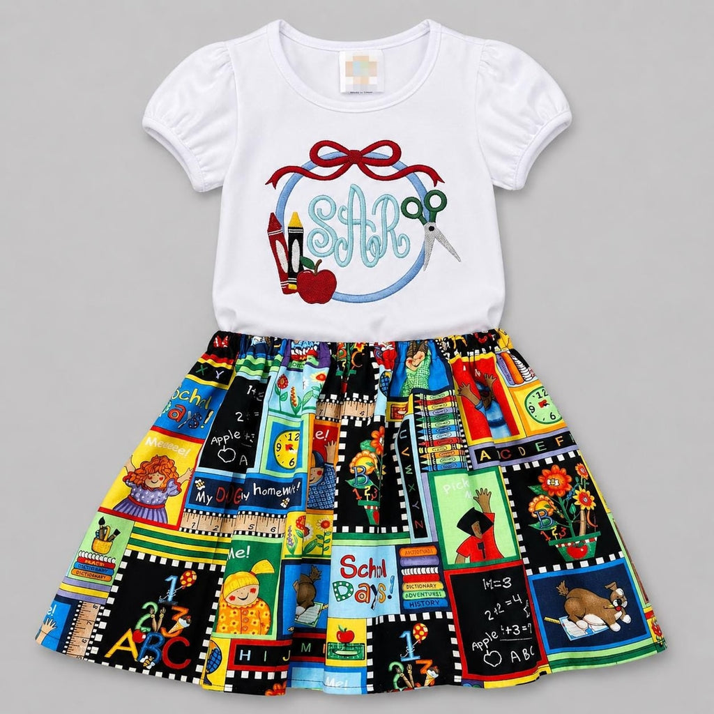 Kindergarten Girls Outfit / Back to School Monogram Set / Personalized School Girls Shirt Skirt Set / Embroider Monogram Shirt