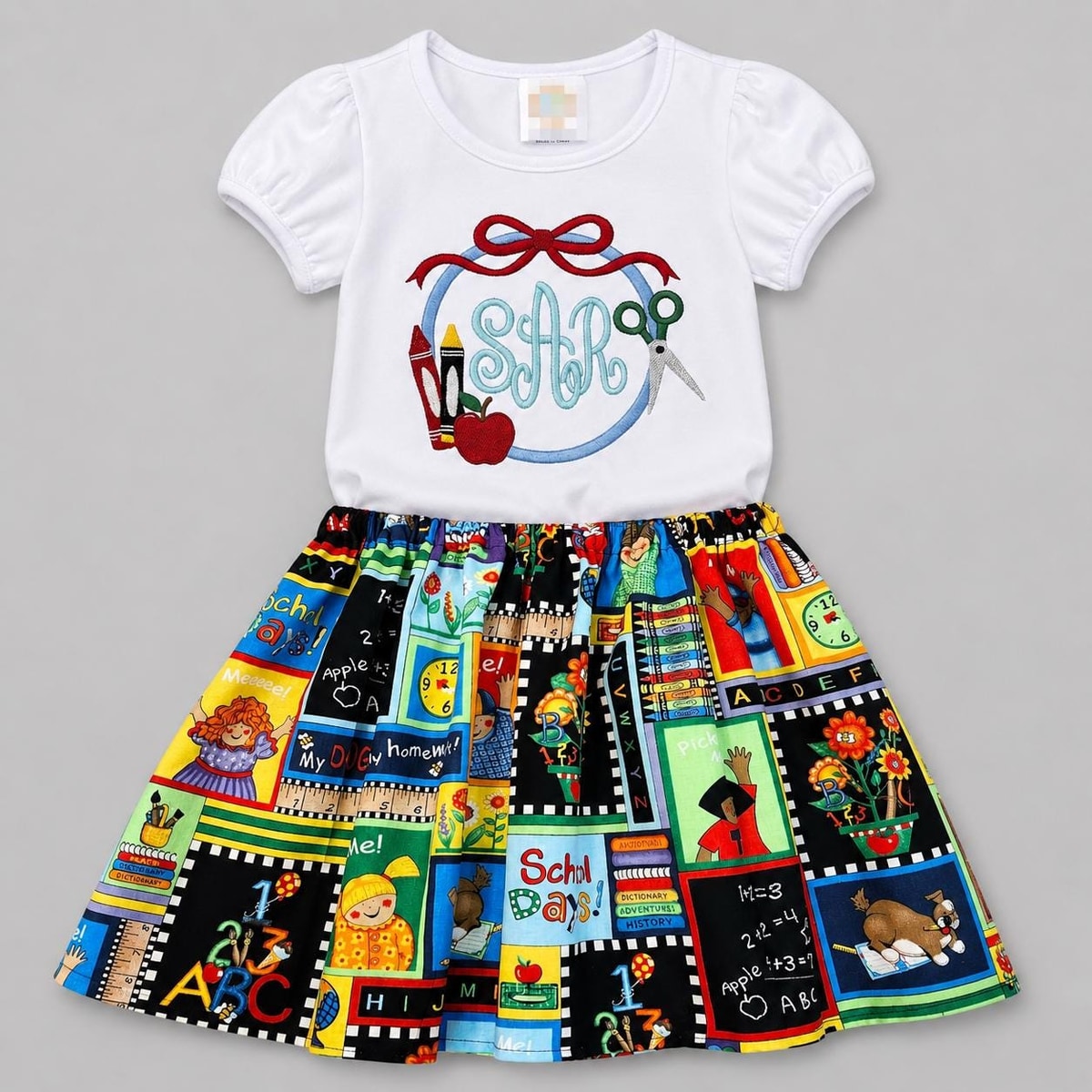 Kindergarten Girls Outfit / Back to School Monogram Set / Personalized School Girls Shirt Skirt Set / Embroider Monogram Shirt