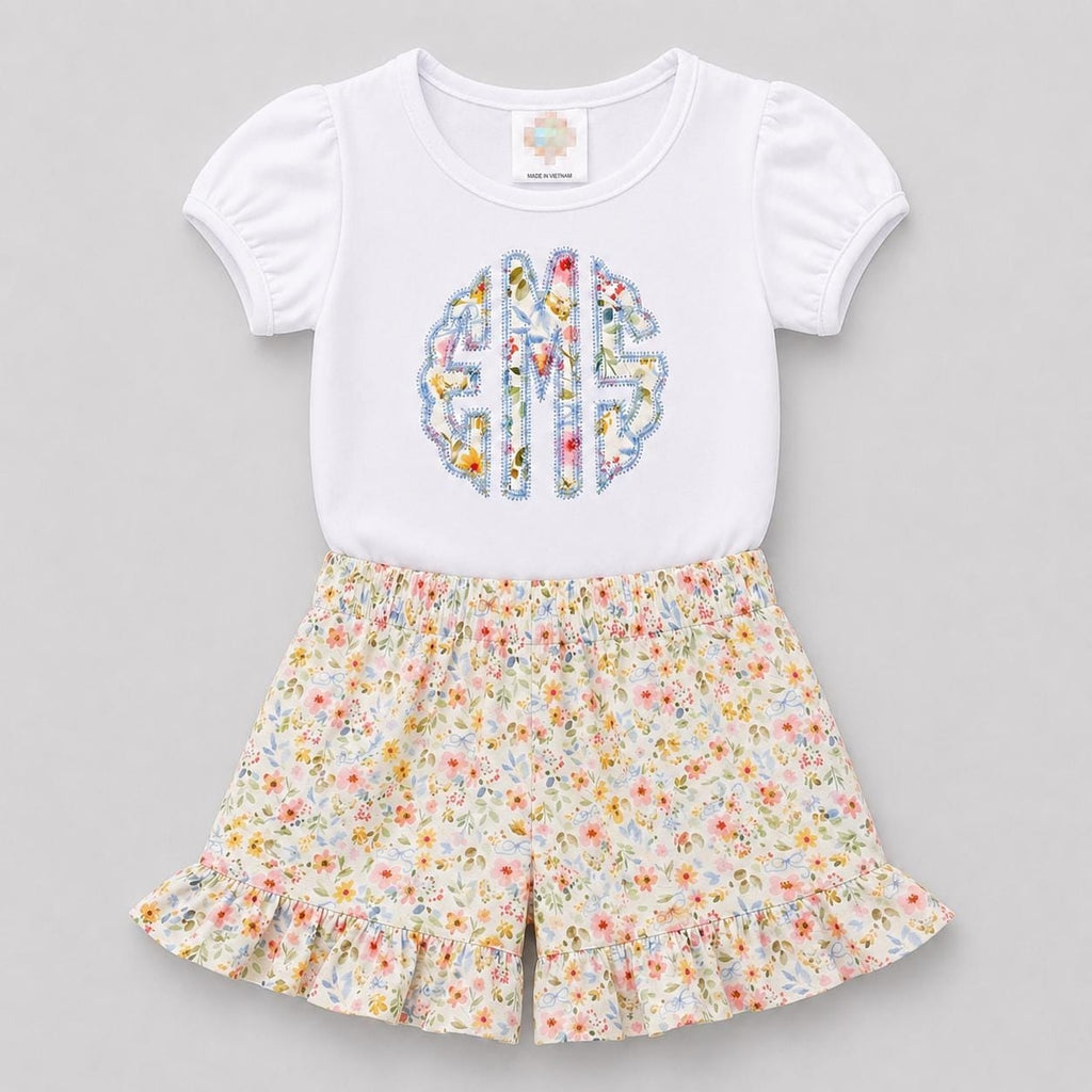 Girls Monogram Shirt Short Set / Floral Short Shirt Outfit / Summer Personalized Girl Shirt Short Outfit  / Birthday Shirt Short Set