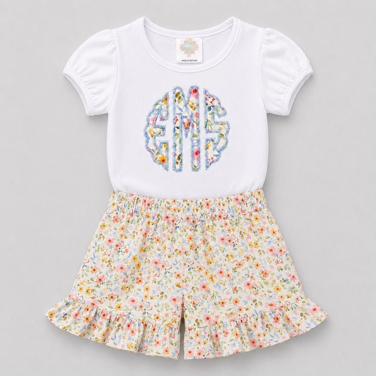 Girls Monogram Shirt Short Set / Floral Short Shirt Outfit / Summer Personalized Girl Shirt Short Outfit  / Birthday Shirt Short Set