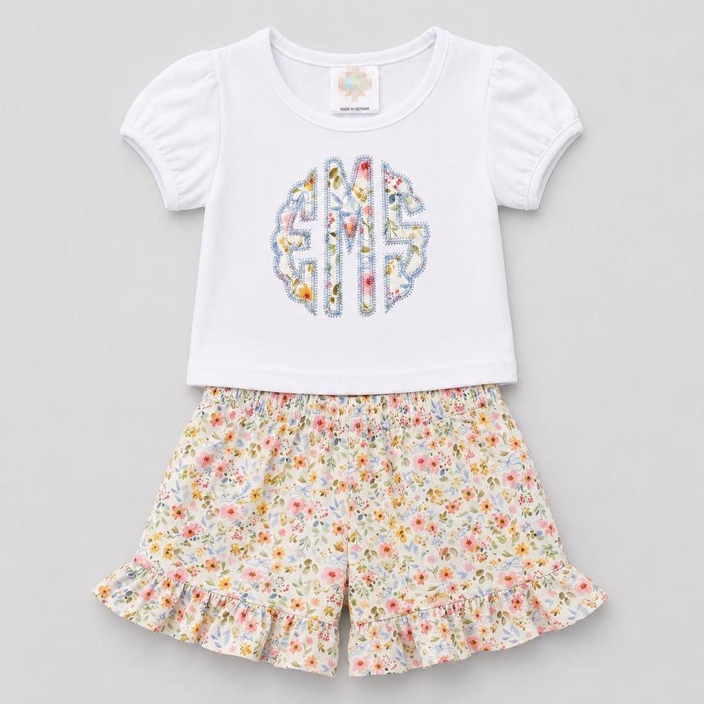 Girls Monogram Shirt Short Set / Floral Short Shirt Outfit / Summer Personalized Girl Shirt Short Outfit  / Birthday Shirt Short Set