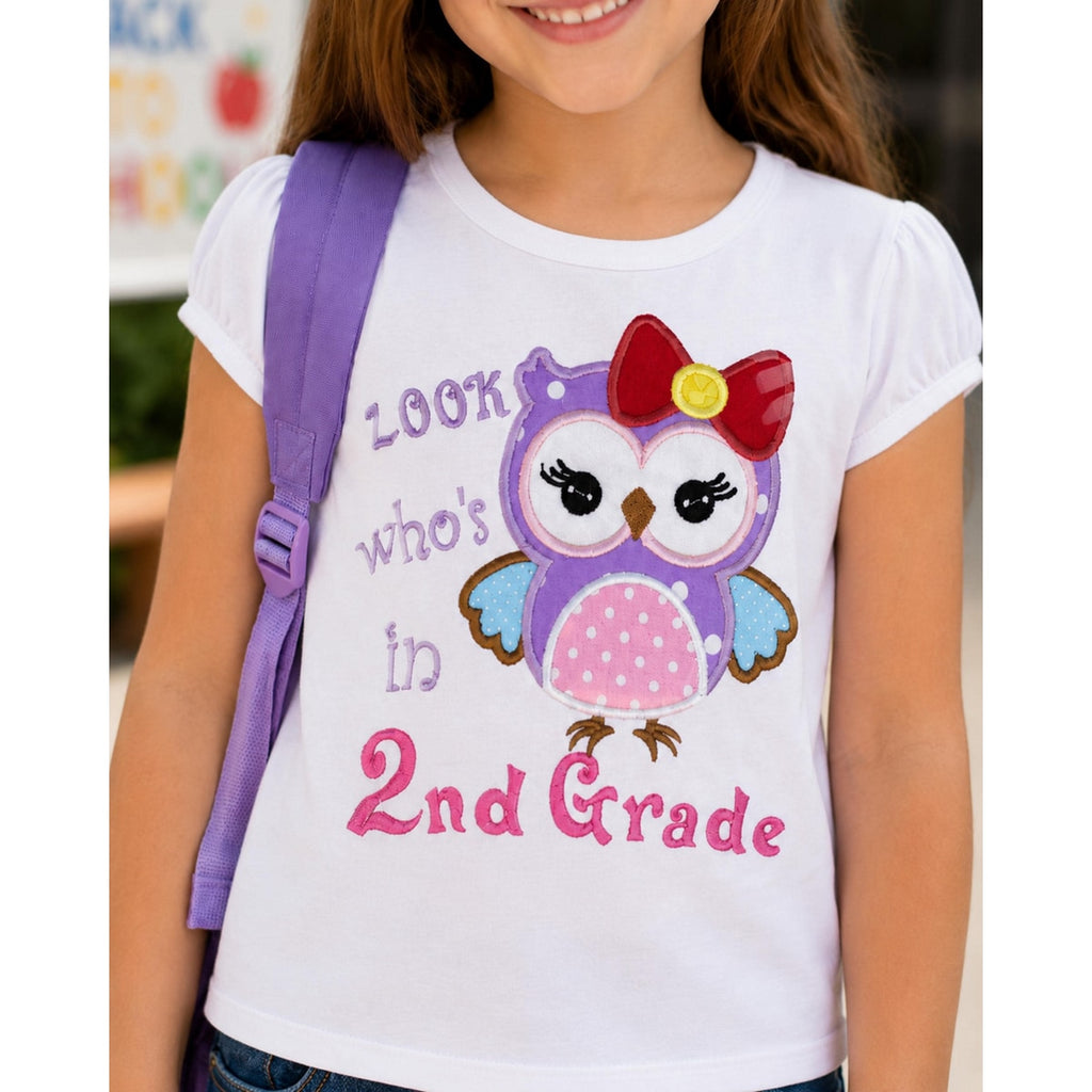 Child wearing a white t-shirt with an owl design and text, carrying a purple backpack.