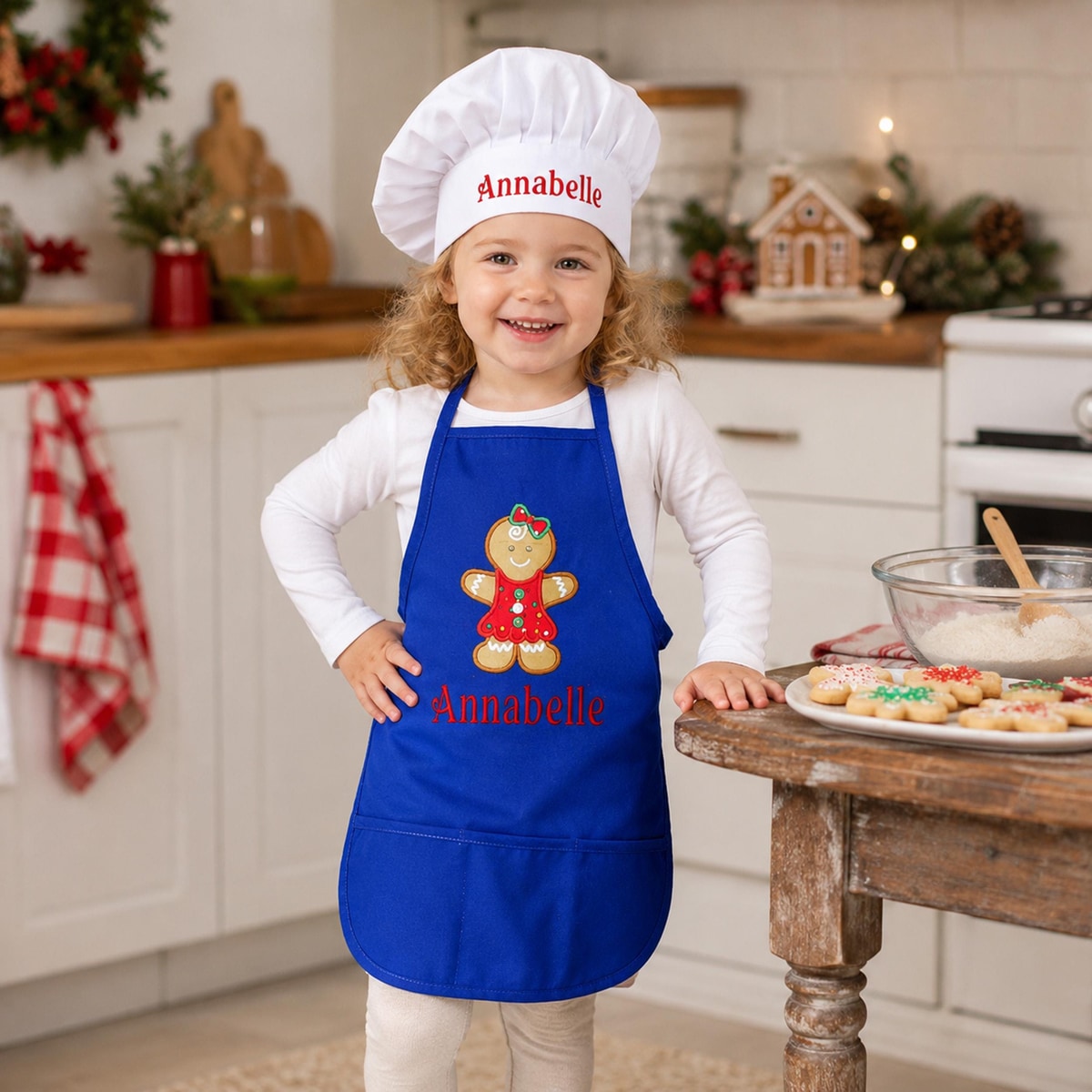 Gingerbread Christmas Aprons - Personalized Chef Apron and Hat Set - Embroidered Gingerbread Girl Aprons