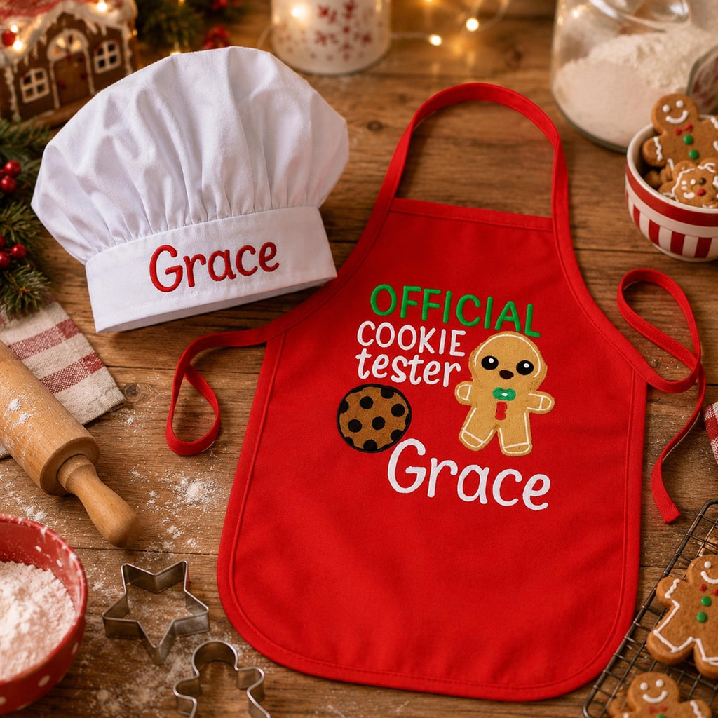 Personalized Gingerbread Chef Apron and Hat Set – Kids Christmas Baking Wear