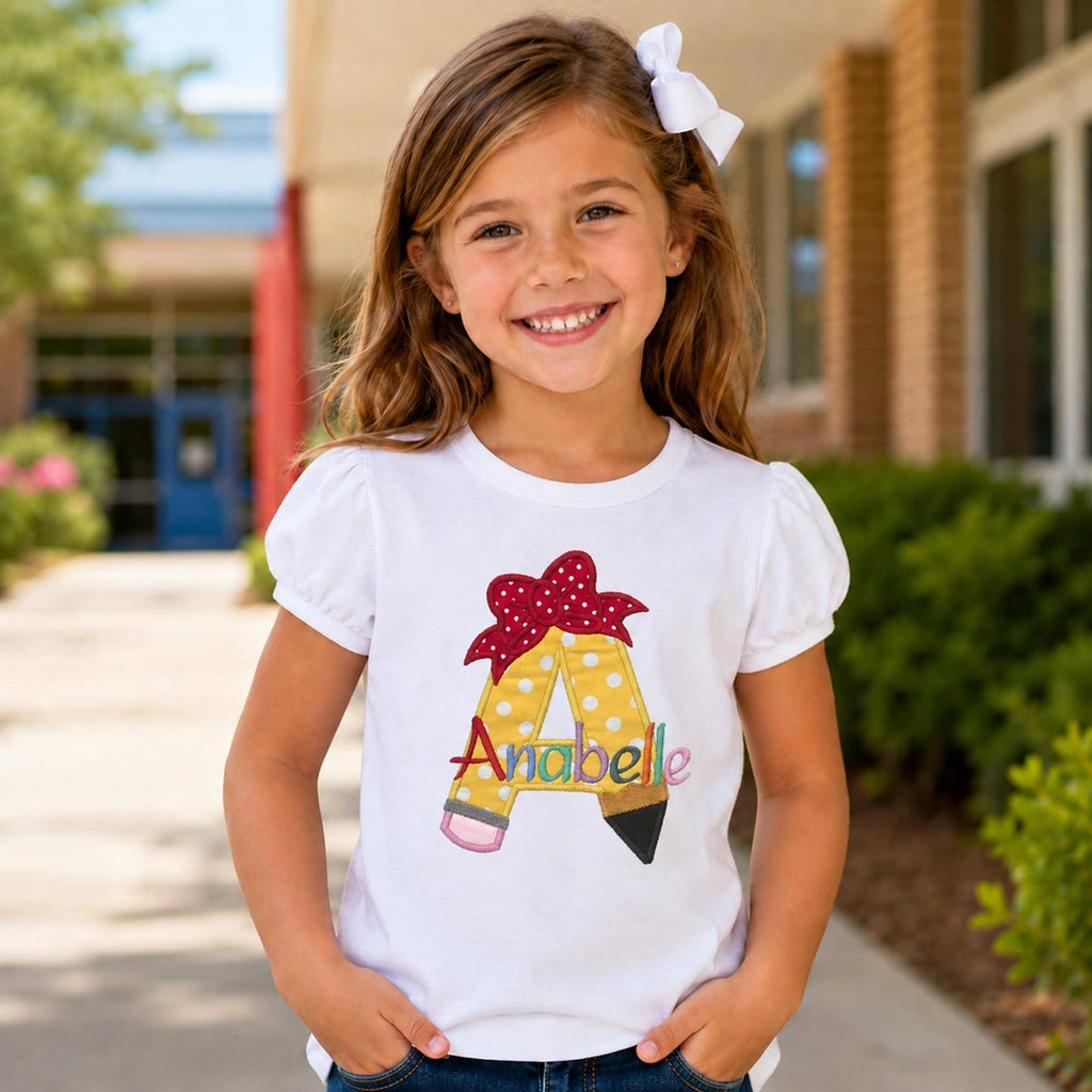 Back to School Shirt, Custom Embroidered Pencil Bow Personalized Shirt, Kindergarten Outfit, Pre K Shirt, Kids School Tee