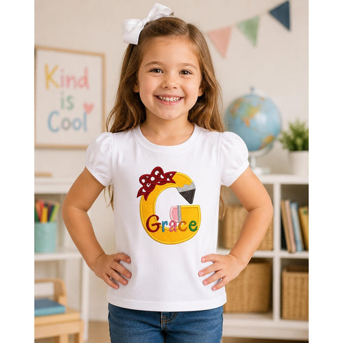 Back to School Shirt, Custom Embroidered Pencil Bow Personalized Shirt, Kindergarten Outfit, Pre K Shirt, Kids School Tee