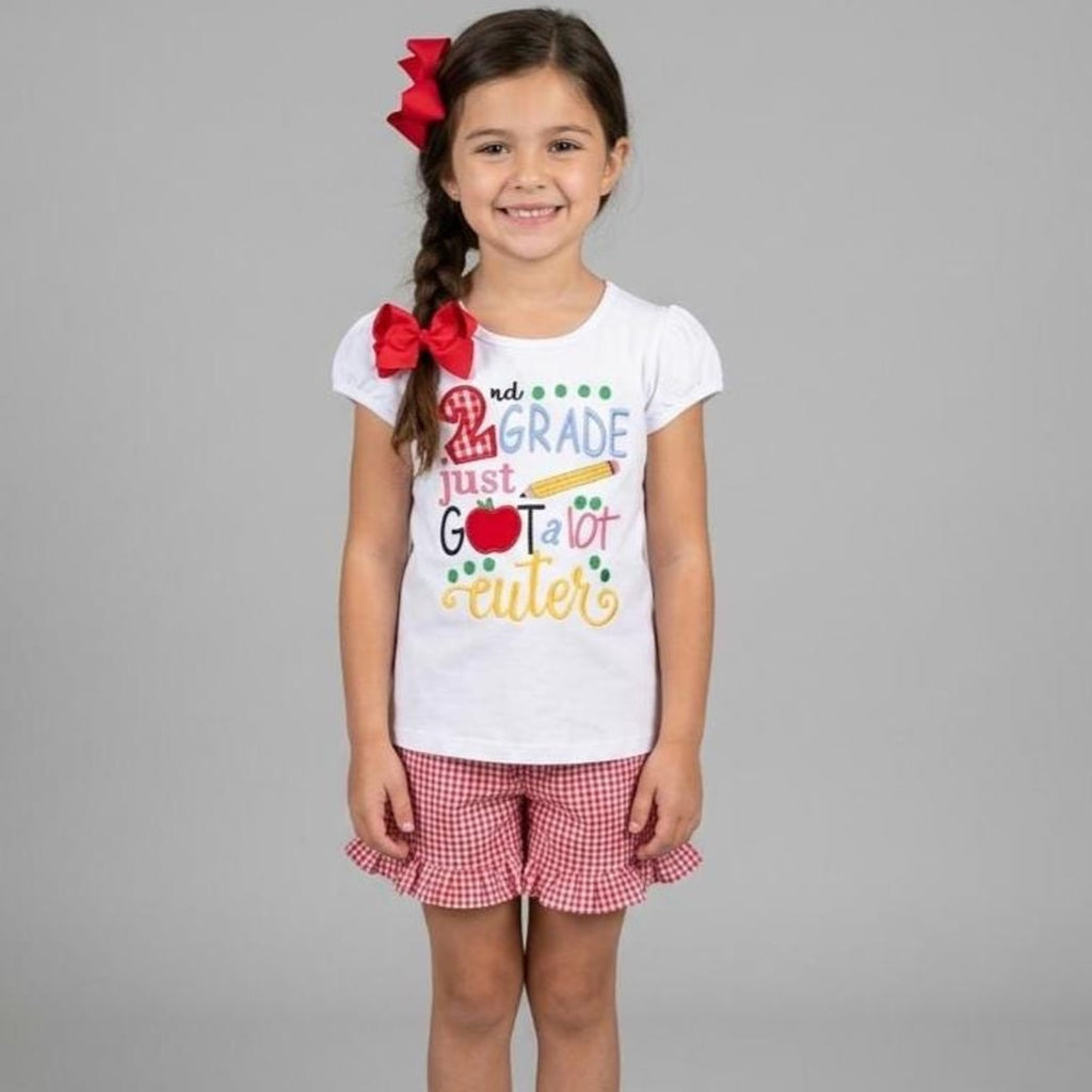 Back to School Girls Outfit, Custom Embroidered Applique, Grade Shirt and Shorts, School Shirt Shorts