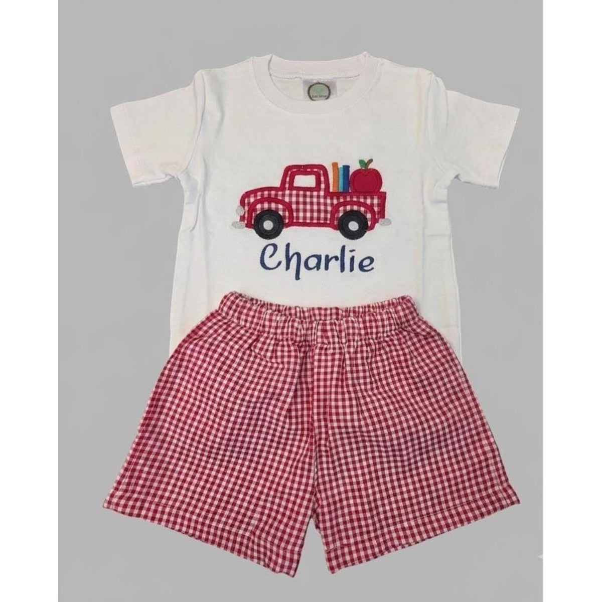 Boy's Back to School Short Outfit / Embroidered School Truck Supplies / Gingham Shorts Set