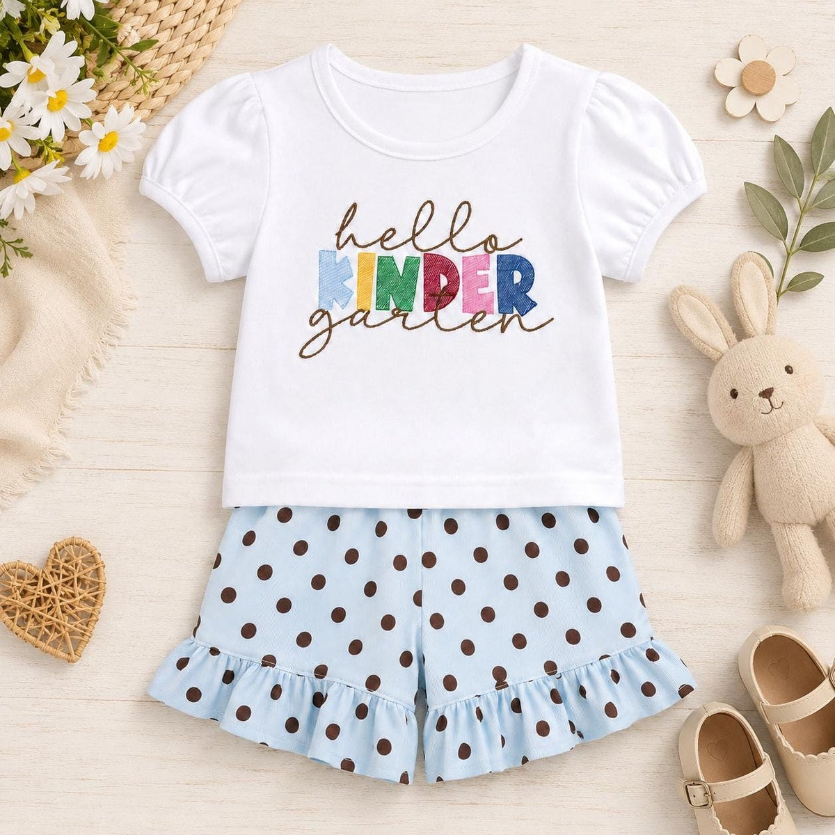 Kindergarten Girls Outfit / Custom Embroidered Design / Hello Kinder Shirt / Girl Kindergarten Shirt Shorts Set