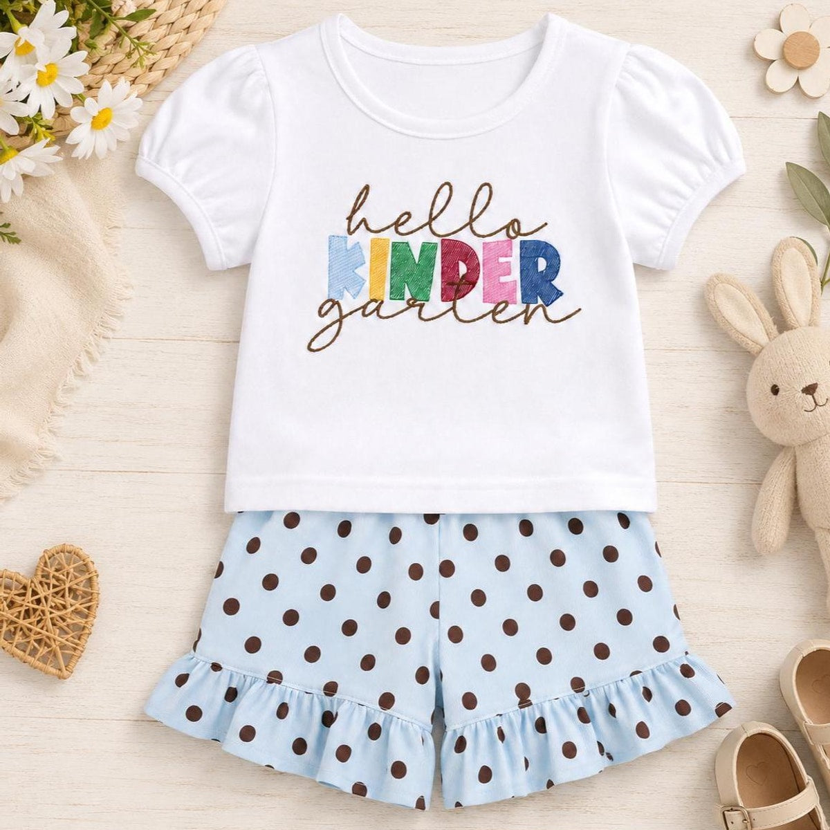 Kindergarten Girls Outfit / Custom Embroidered Design / Hello Kinder Shirt / Girl Kindergarten Shirt Shorts Set