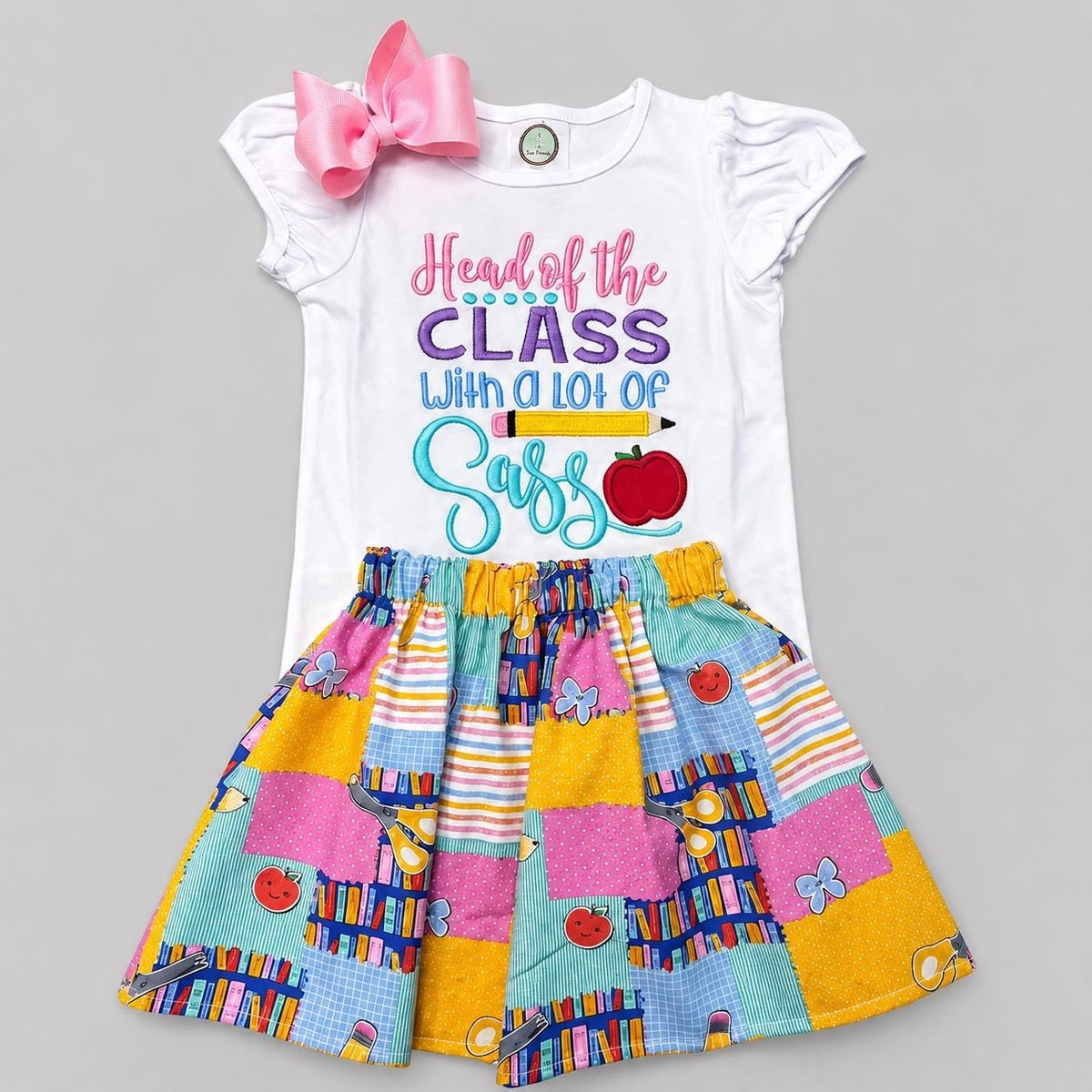 Back to School Girls Outfit, Head Of The Class Embroider Design, School Shirt and Skirt Girls Outfit,  School Outfit