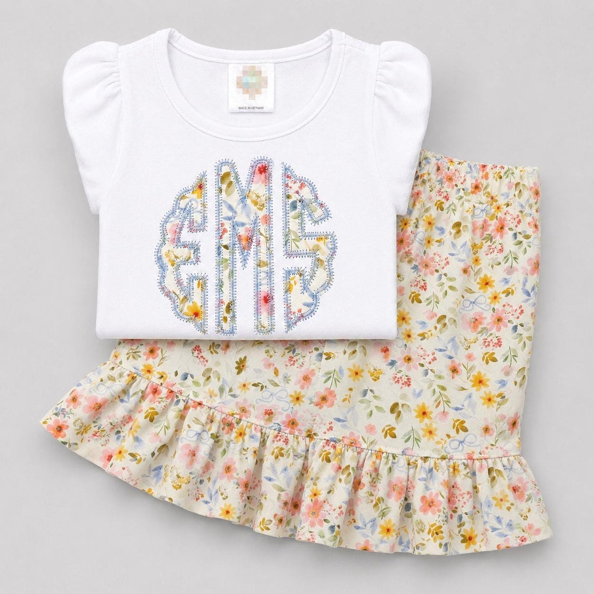 Girls Monogram Shirt Short Set / Floral Short Shirt Outfit / Summer Personalized Girl Shirt Short Outfit  / Birthday Shirt Short Set