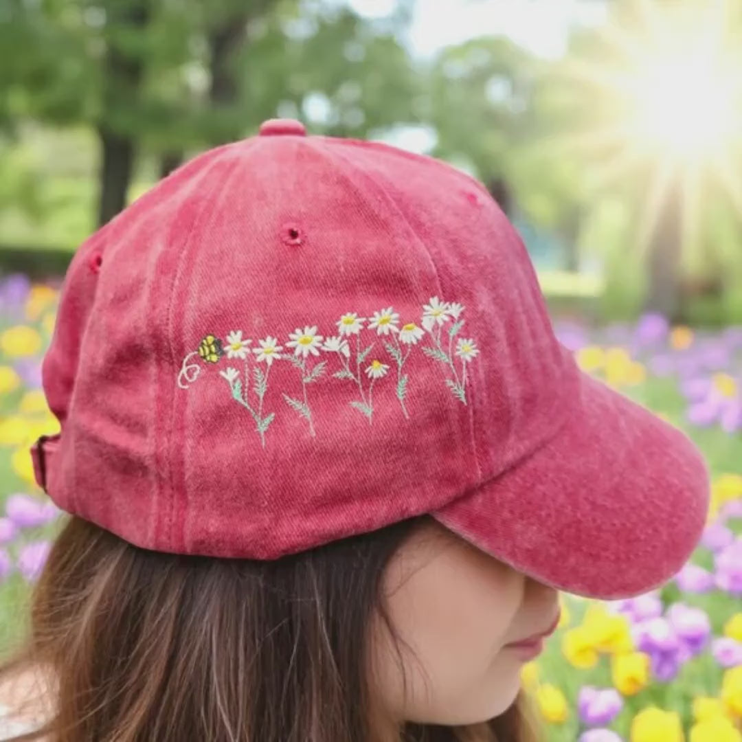 Embroidered Daisy Bee Baseball Cap – Distressed Cotton Flower Hat