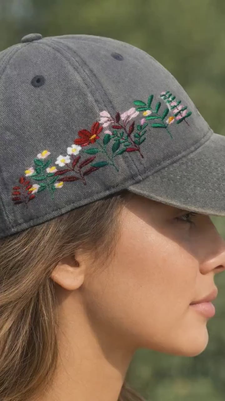 Embroidered Floral Baseball Cap, Washed Cotton Dad Hat, Spring Summer Style